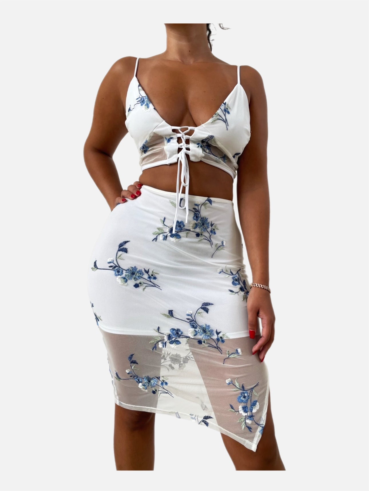 Two Piece White Floral Dress - SHOP JAMILA